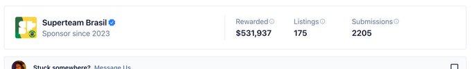 The image depicts a social media post featuring information about the Superteam Brazil account, which has achieved more than half a million dollars in rewards for their work on projects in Latin America. The post displays various numbers related to this accomplishment, such as $51,837, $2,056, and $67,839. Additionally, there is an image of a building that represents the projects completed by Superteam Brazil. In the background, you can see some text including the names of the people involved in the rewards.