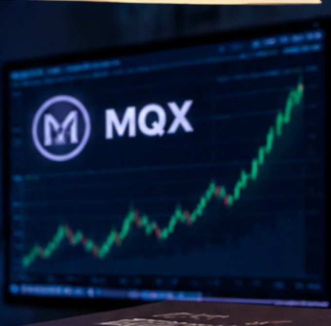 Blurred image of a trading screen displaying the "MQX" token logo alongside a green upward-trending candlestick chart.
