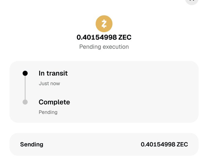 A cryptocurrency transaction status screen showing 0.40154998 ZEC pending execution, currently "In transit" with a "Complete" step pending, confirming the Zcash giveaway transfer to @MythicMski.