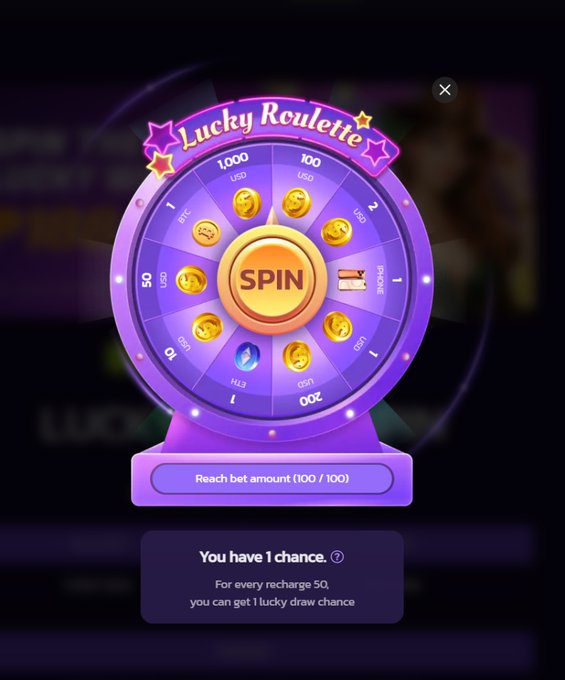 A purple 'Lucky Roulette' spin wheel game interface with various rewards including USD amounts, coins, gems, and rewards.