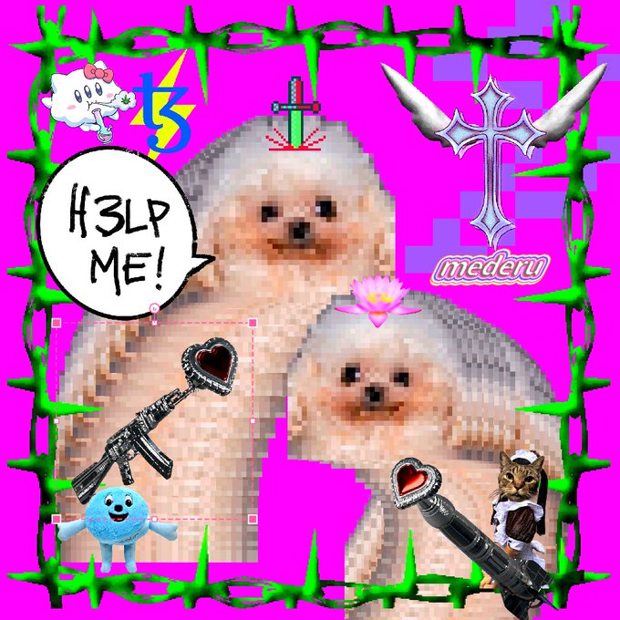 A chaotic Y2K-style meme featuring two fluffy dog creatures on a hot pink background with green thorny vines, a speech bubble saying 'H3LP ME!', and various stickers including a sword, 'TS' logo, 'mederu' text, guns with heart attachments, a cat in a maid outfit, and a blue plush toy.