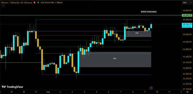 TradingView Bitcoin/TetherUS 4-hour chart showing price movement around $65,900 with marked FVG zones and 'Bullish Continuation' annotation.