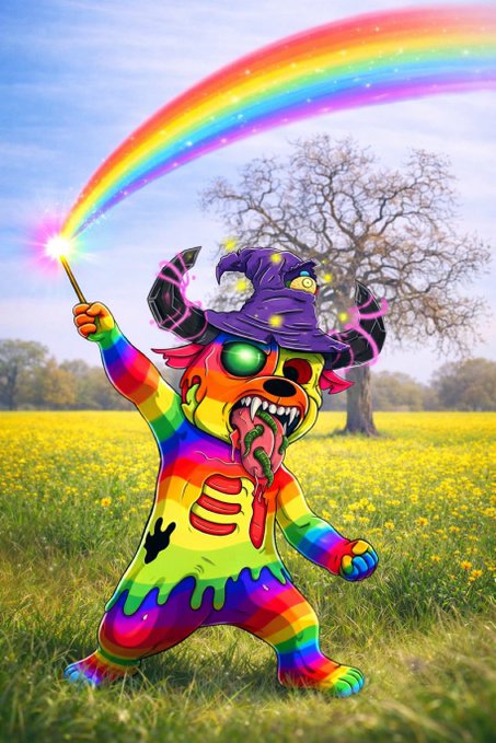 A psychedelic illustration of a rainbow-colored creature wearing a purple wizard hat and wielding a wand that shoots a rainbow, set in a yellow flower field.