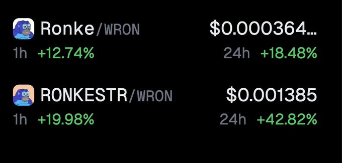 A dark-mode crypto price tracker showing tokens 'Ronke' and 'RONKESTR' both paired with WRON, displaying strong gains of 12.74%, 19.98%, 18.48%, and 42.82% over 1h and 24h periods.