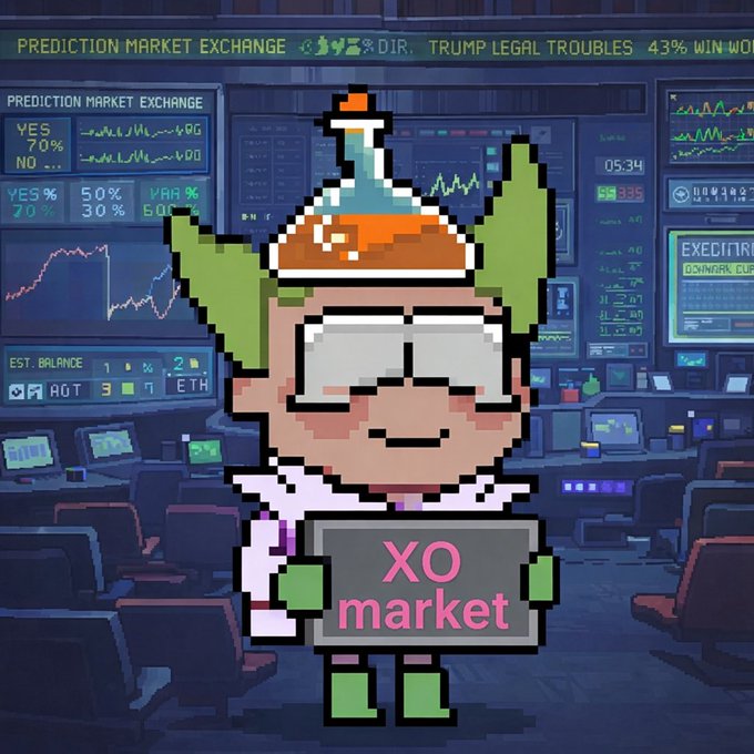 The image features a cartoon character wearing a lab coat, holding a sign that says "XO Market". The character appears to be smiling and seems to be enjoying their time at the market. In the background of the image, there are several chairs arranged in rows, suggesting that this scene takes place in an office or a similar setting.