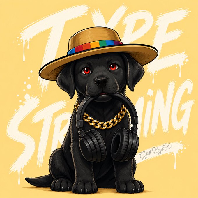 An illustration of a black puppy wearing a straw hat with a rainbow band, a gold chain, and black headphones around its neck, with the graffiti-style text 'TYPE STRONG' in the background.