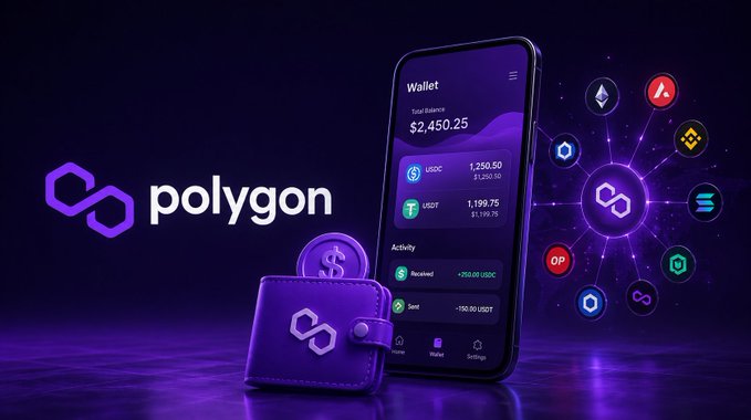 A promotional image for Polygon cryptocurrency featuring the Polygon logo, a digital wallet interface showing a $2,450.25 balance, and a purple wallet, alongside various crypto token icons.
