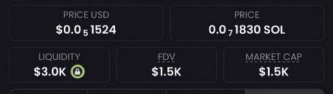 A memecoin trading dashboard displays a token priced at $0.0₅1524 USD and 0.0₇1830 SOL, with only $1.5K market cap and FDV, $3.0K liquidity, illustrating the low-cap token the post is hyping as its next potential moonshot.