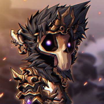 A chibi-style fantasy character illustration featuring a skull-like masked figure with glowing purple eyes, dark fur, and ornate gold and black armor, set against a dramatic cloudy sky.