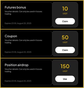 A mobile app screen displaying three cryptocurrency rewards: a 'Futures bonus' of 10 USDT, a 'Coupon' of 50 USDT, and a 'Position airdrop' of 150 USDT, all expiring August 25, 2025.