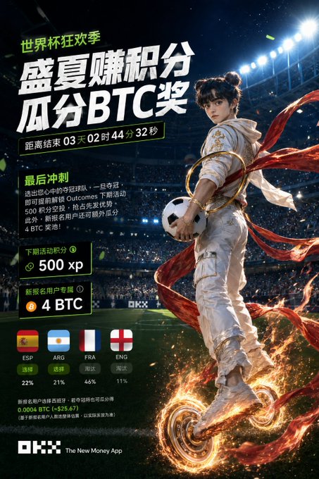 This promotional image advertises a World Cup crypto prediction event by OKX, featuring an anime-style character holding a soccer ball amid fire effects. The key text highlights "盛夏赚积分 瓜分BTC奖" (Earn Points, Share BTC Rewards), a countdown of 03天02时44分32秒, and specific prizes including 500 XP for regular participants and 4 BTC (~$25.67) for new user sign-ups, along with prediction percentages for Spain (22%), Argentina (46%), France (46%), and England (11%).

The image directly supports the accompanying post by visually showcasing the OKX World Cup prediction event that the author argues deserves more attention, emphasizing the 4 BTC reward pool and the limited time remaining to participate before matches conclude.