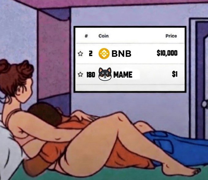 A couple is shown with a screen displaying cryptocurrency prices, including BNB at $10,000 and MAME at $1, relating to the post's theme of "Men just want one thing."