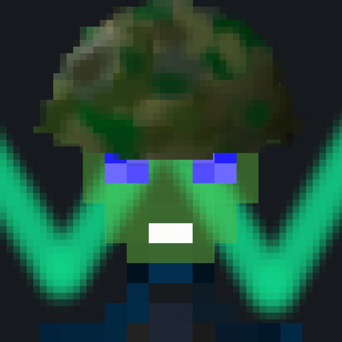 Pixel art image of a Minecraft zombie character with raised green arms against a black background.