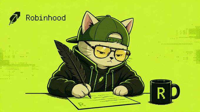 A pixelated cat wearing a backwards cap and yellow-tinted glasses writes with a quill next to a black mug, with the "Robinhood" logo visible in the top left corner.

The image visually represents the tweet's "SCANNING robinhood launchpads" prompt, using the cool hacker-style cat mascot to match the post's critical, exposé-style tone about problems with Robinhood's token launchpad feature.