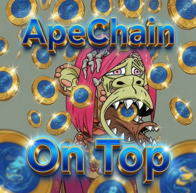 Crypto promotional artwork for 'Apechain on Top' featuring a cartoon ape character surrounded by gold and blue APE tokens.