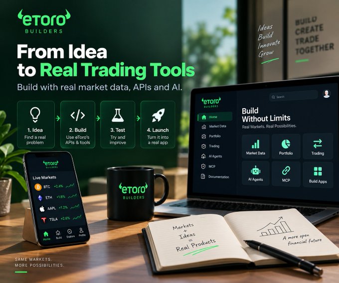 An eToro Builders advertisement reading 'From Idea to Real Trading Tools' showing a phone displaying live markets, a branded mug, and a laptop showing the eToro Builders dashboard.