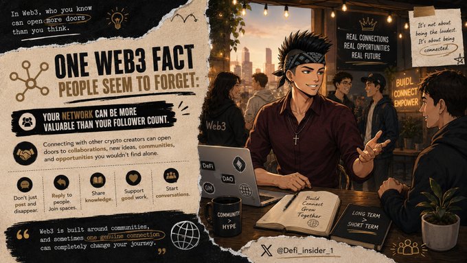 A graphic titled "ONE WEB3 FACT PEOPLE SEEM TO FORGET" emphasizes that "YOUR NETWORK CAN BE MORE VALUABLE THAN YOUR FOLLOWER COUNT," featuring an illustration of a crypto creator discussing ideas with peers over a laptop displaying Web3, DeFi, and DAO icons. The image visually reinforces the post's message about the importance of building genuine connections and engaging in "Long Term > Short Term" relationships within crypto communities, rather than just seeking follower counts.