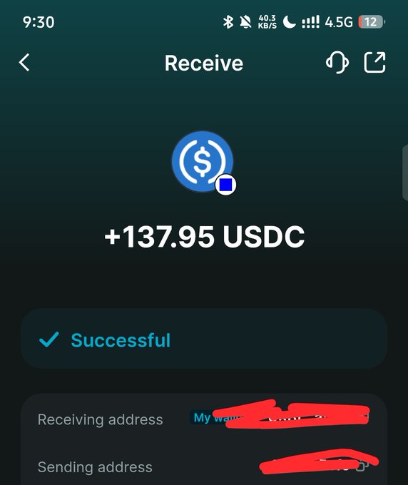Mobile screenshot of a successful crypto wallet transaction showing a receipt of '+137.95 USDC' with receiving and sending addresses redacted in red.