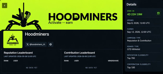 A webpage interface for 'HOODMINERS' features a bright green header, campaign details on the right including 'Reputation & Contribution' and dates, and leaderboard sections showing 'NO DATA YET'.
