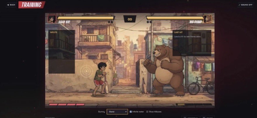 A training screen from the "Big Dump" video game shows a young boy named "Saar Kid" squaring off against a large bear character in an urban alleyway setting, with health bars and combat prompts visible at the top. The image visually represents the post's narrative about "$SAAR" being a bearish crumpet ("Saar Kid") facing off against "Big Dump," symbolizing the 85% market cap dump referenced in the commentary.