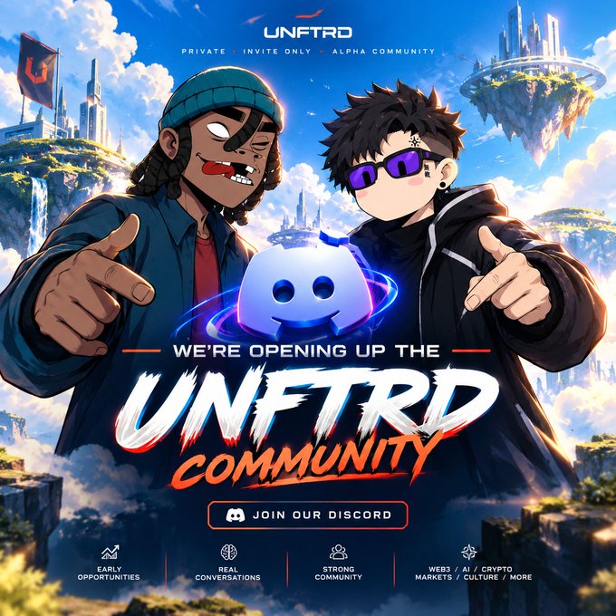 A vibrant promotional graphic for "UNFTRD" announces they are "WE'RE OPENING UP THE UNFTRD COMMUNITY" and invites viewers to "JOIN OUR DISCORD," highlighting "EARLY OPPORTUNITIES," "REAL CONVERSATIONS," "STRONG COMMUNITY," and "WEB3 / AI / CRYPTO MARKETS."