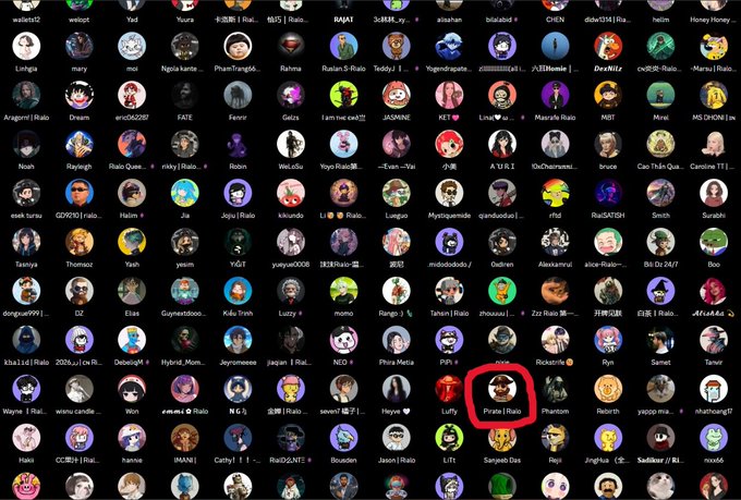 A grid of numerous user profile pictures is displayed on a dark background, with one avatar labeled 'Pirate | Ratio' circled in red.