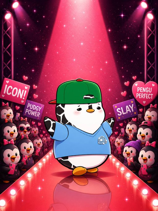 A cartoon penguin wearing a green cap and blue shirt walks a runway under a spotlight, surrounded by an admiring crowd of smaller penguins holding signs reading 'ICON!', 'PUGGY POWER', 'SLAY', and 'PENGU PERFECT'.