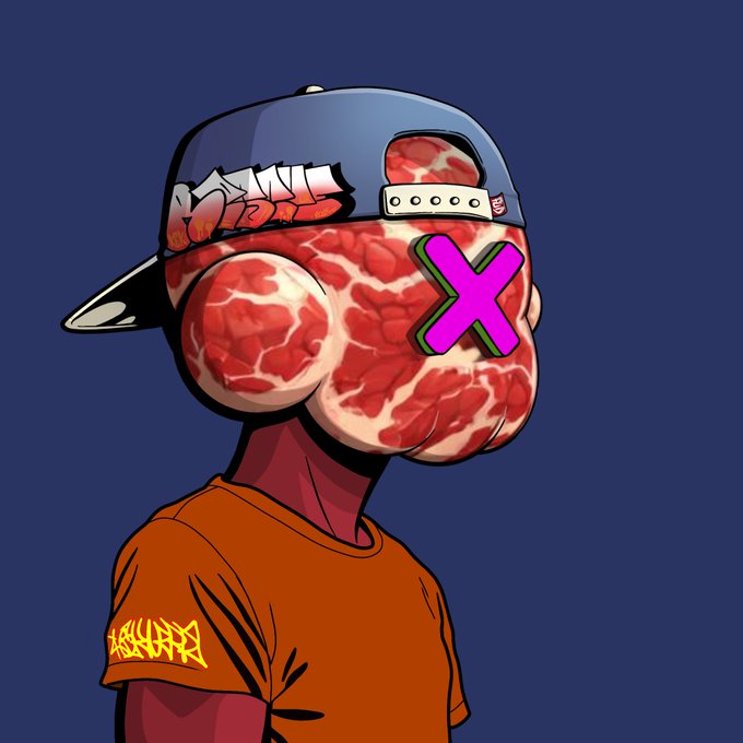 A stylized cartoon character wears a blue baseball cap backward over a head resembling raw red meat, featuring a purple X over one eye and an orange t-shirt with yellow graffiti-style text.