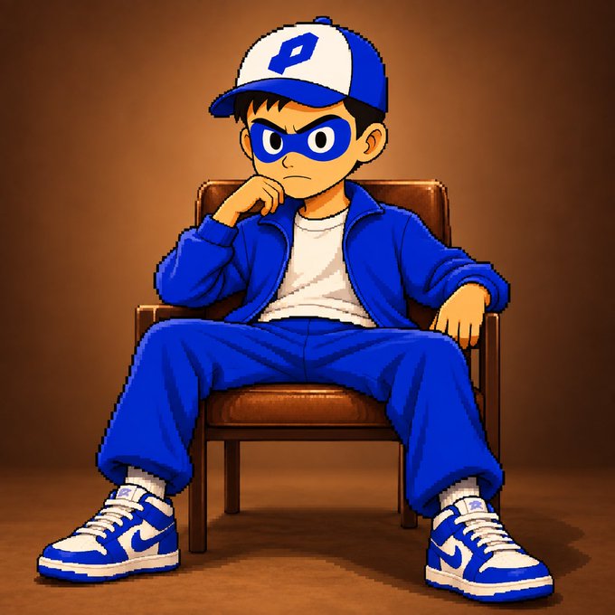 Digital cartoon illustration of a character wearing a blue tracksuit, blue mask, and a blue-and-white 'P' cap, sitting in a chair with a serious expression.