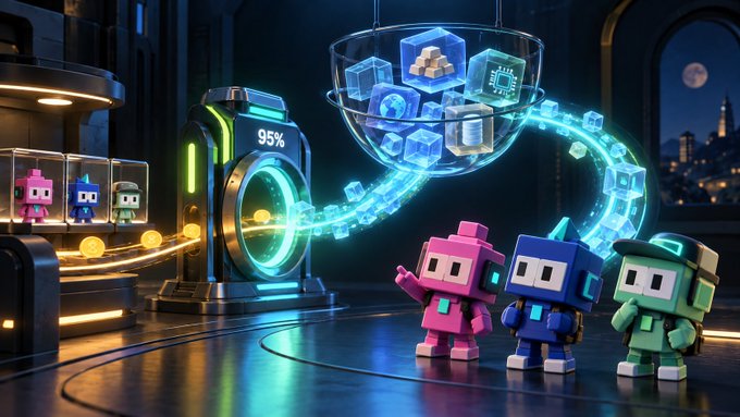 A 3D animated scene showing blocky, pixelated robot characters in pink, blue, and green interacting with glowing, holographic cubes and a large circular chamber displaying '95%'.
