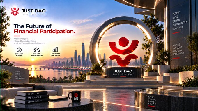 Just DAO promotional banner titled 'The Future of Financial Participation' highlighting broader access, greater participation, and a stronger vision for tomorrow, with the tagline 'Built To LEND | GROW' and 'Build Lend Grow Together' text.
