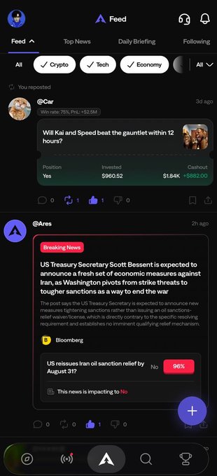 The image shows a social prediction market feed displaying a reposted post from @Car with a market question "Will Kai and Speed beat the gauntlet within 12 hours?" showing betting positions and a cashout value of $882.00, alongside a breaking news post about US Treasury Secretary Scott Bessent announcing new Iran sanctions relief measures affecting WTI crude oil by August 31 (96% probability).

The image visually reinforces the post's central argument about prediction markets: by showing concrete market data—a specific yes/no question with real money wagered ($960.52 invested) and an evolving cashout value—alongside corresponding breaking news that directly impacts the outcome, it demonstrates exactly how these platforms create a verifiable, time-stamped record of beliefs staked with real capital, unlike AI-generated commentary which lacks this proven track record.