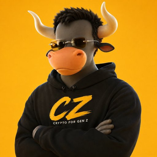 A cool bull mascot wearing sunglasses and a black hoodie that reads "CZ - CRYPTO FOR GEN Z" stands confidently with arms crossed against a yellow background, embodying the bold, irreverent spirit behind the prediction that CZ's (Changpeng Zhao) price odds will range from 6M-100M with a 40% drawdown after a liquidation event.