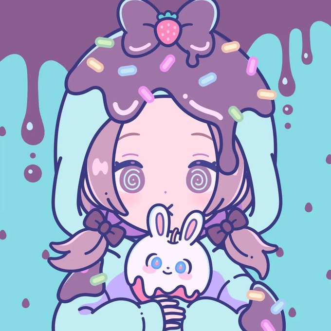 A cartoon illustration of a girl with spiral eyes, a strawberry bow, and pigtails, holding a smiling white bunny, with chocolate dripping over her head and colorful sprinkles scattered around.