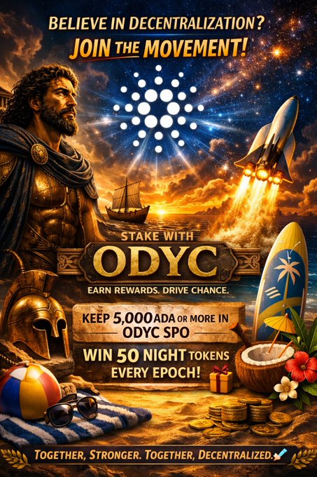 A promotional Cardano staking campaign for "ODYC" invites decentralization supporters to stake 5,000 ADA or more in the ODYC SPO pool to win 50 NIGHT tokens every epoch, with the tagline "Together, Stronger. Together, Decentralized."