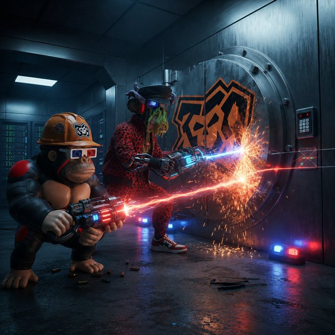 A 3D rendered scene shows a chimpanzee in a hard hat and 3D glasses and a humanoid lizard creature in a leopard print coat wielding laser guns, cutting into a bank vault door amid sparks and red laser beams.
