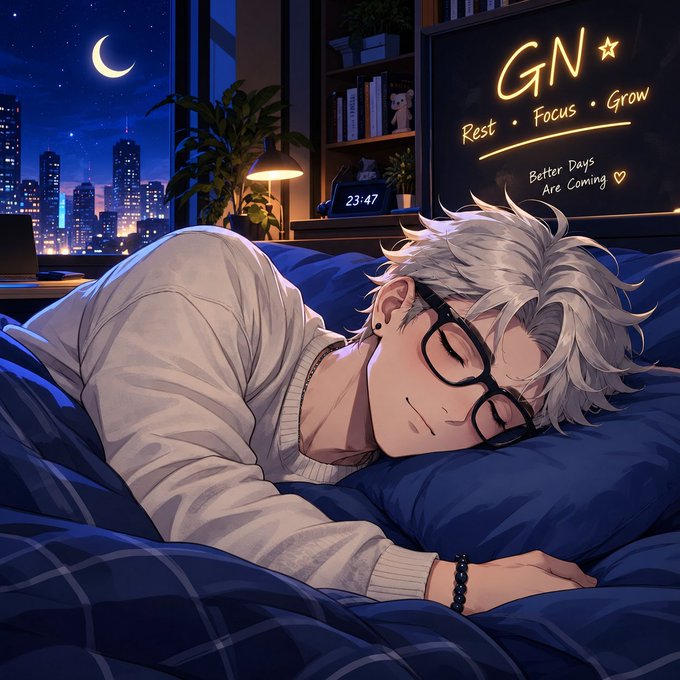An anime-style illustration of a silver-haired young man wearing glasses sleeping in bed under blue covers, with a night cityscape, crescent moon, and a neon sign reading 'GN - Rest · Focus · Grow - Better Days Are Coming' in the background.