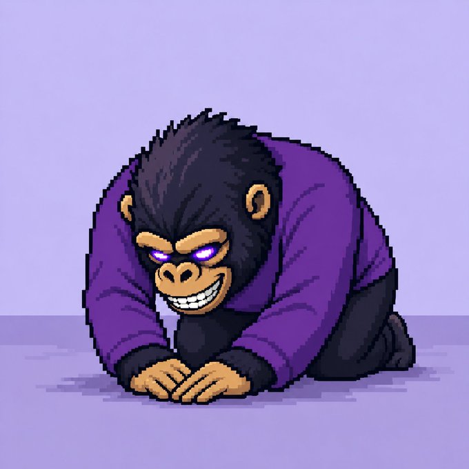 A pixel art illustration of a menacing gorilla wearing a purple sweater, crouching on the floor with glowing purple eyes and a wide grin.