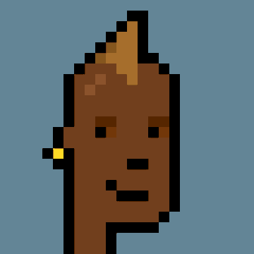 A pixel art portrait of CryptoPunk #7591, depicted as a brown-skinned character with a distinctive tuft of blonde/orange hair on top and a yellow earring, set against a blue background. The image showcases the NFT being sold, matching the description of it being a rare "Smile" punk variant comparable to CryptoPunk #1.