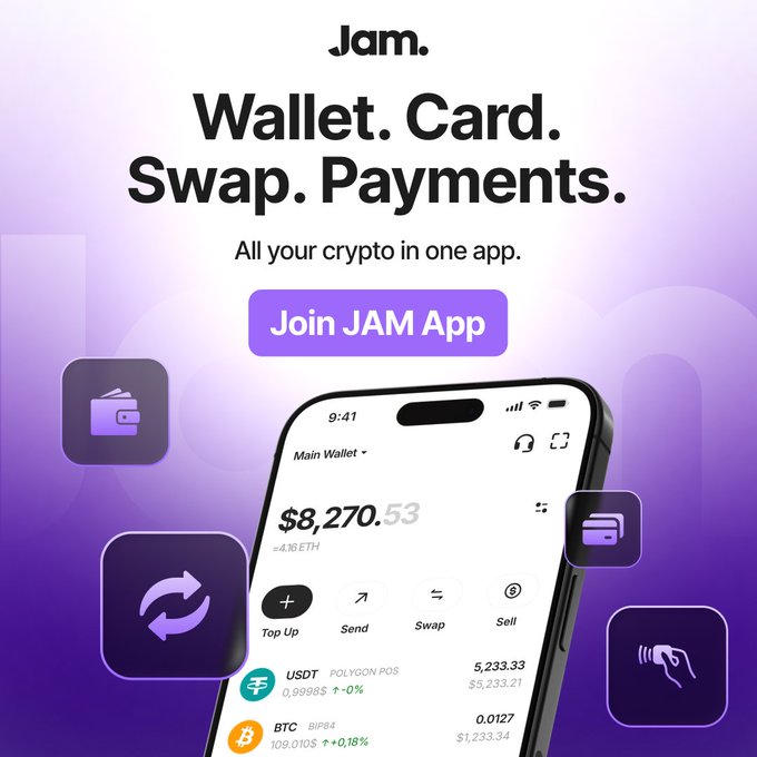 A promotional graphic for the Jam App, a crypto wallet, with the tagline 'Wallet. Card. Swap. Payments. All your crypto in one app' showing a phone displaying a $8,270.53 balance with options for Top Up, Send, Swap, and Sell.