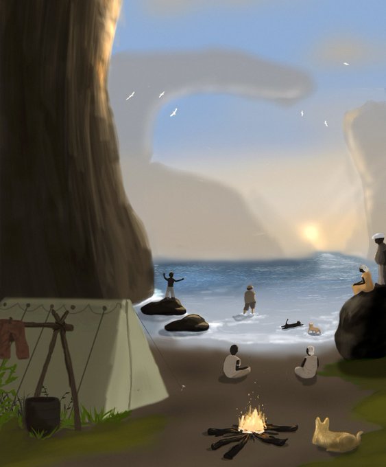 A digital illustration depicts a serene coastal campsite scene with two people sitting by a campfire in the foreground, while others stand in the shallow water and on rocks, with a dog nearby and cliffs rising in the background under a sunset sky.