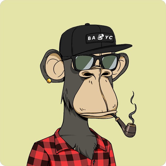 A cartoon Bored Ape character wearing a black 'BAYC' cap, dark sunglasses, a red plaid shirt, and smoking a pipe.