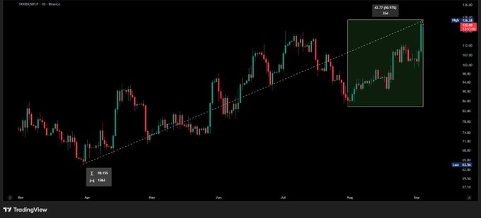 A daily candlestick chart of HOOD/USDT on Binance from March through September shows a strong uptrend with a 99.10% gain (+68.77), highlighted by an ascending trendline and a green flag pattern near all-time highs around $106. The chart visually reinforces the post's bullish thesis, as Robinhood's price has surged to record levels alongside accelerating chain activity and rising volume.