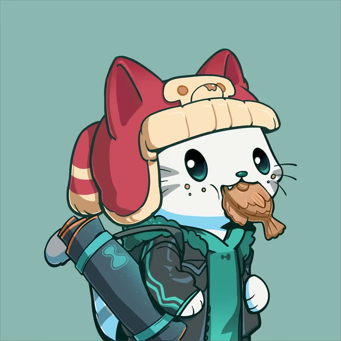 A cartoon illustration of a white cat character with freckles wearing a red and beige winter hat with ear flaps, a green hoodie, and carrying a backpack while holding a fish.