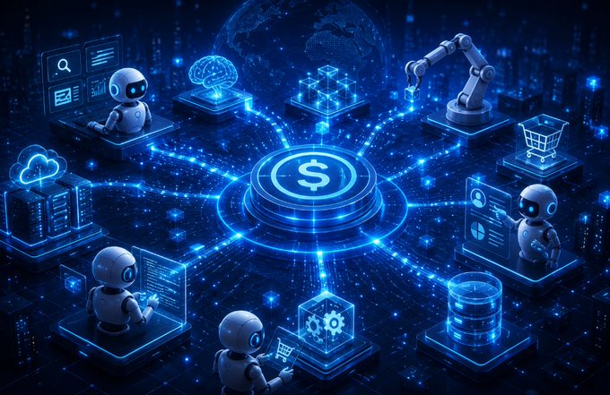 A futuristic digital illustration featuring robots, an AI brain, a robotic arm, and a central dollar sign connected by glowing blue data streams.