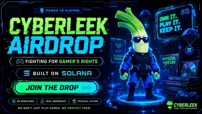 A futuristic promotional banner for the "Cyberleek Airdrop" features an anthropomorphic leek character wearing sunglasses in tactical gear, alongside call-to-action text like "FIGHTING FOR GAMER'S RIGHTS," "BUILT ON SOLANA," and "JOIN THE DROP." The image ties directly to the $CYBERLEEK airdrop announcement, emphasizing the project's gamer-focused mission and Solana-based allocation campaign.