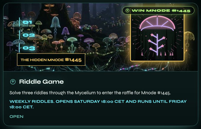A webpage interface for 'THE HIDDEN MNODE #1445 Riddle Game,' instructing users to 'Solve three riddles through the Mycelium to enter the raffle for Mnode #1445.'