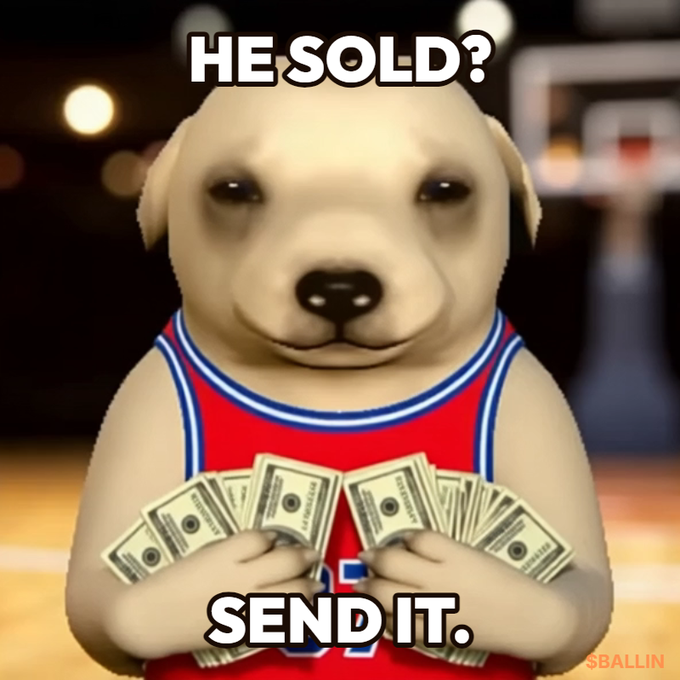 A meme featuring a CGI puppy wearing a red and blue basketball jersey, holding fanned-out stacks of cash, with the text 'HE SOLD?' at the top and 'SEND IT.' at the bottom.