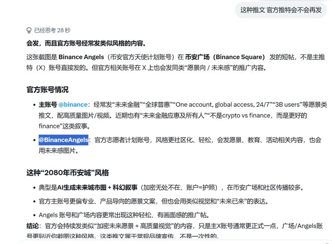 A Chinese-language AI chat analysis of a Binance "2080 Binance City" promotional image, noting the campaign appears on the main @binance account with posts like "未来金融" (Future of Finance) and the volunteer @BinanceAngels account featuring a retro-futuristic meme style with sci-fi city and "crypto passport" imagery.