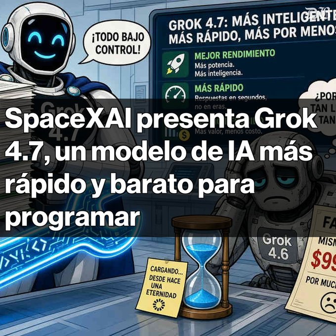 An AI-generated cartoon showing a futuristic robot promoting 'GROK 4.7' with text 'SpaceXAI presenta Grok 4.7, un modelo de IA más rápido y barato para programar', while a defeated robot representing 'Grok 4.6' sits nearby with a loading hourglass labeled 'CARGANDO... DESDE HACE UNA ETERNIDAD'.